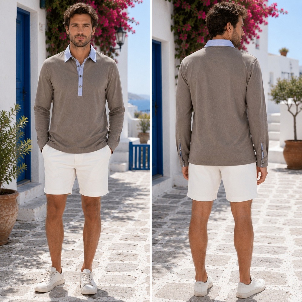 Faconnable Mens Long Sleeve Polo‎ Shirt Taupe Brown Striped Collar Cotton Small